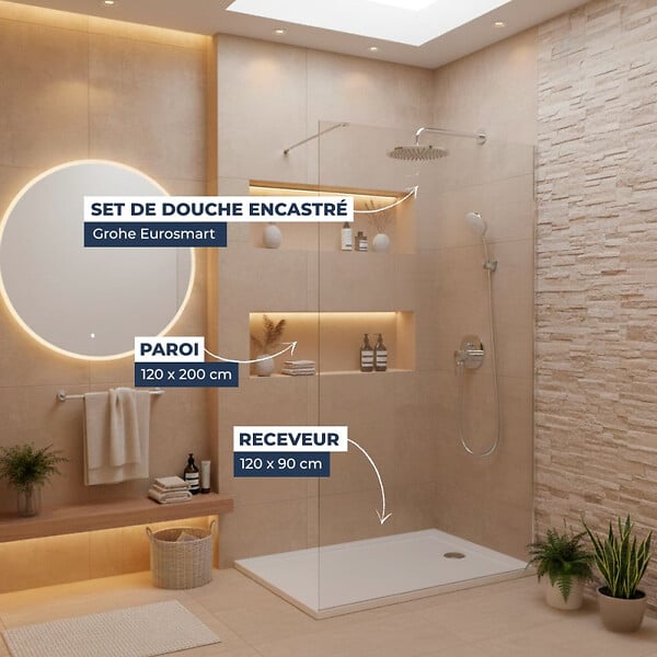 GROHE - Pack Douche Complet – Paroi Walk-In 120x200 Chrome + Colonne Grohe Eurosmart 2 Jets + Receveur Marbre Coulé Blanc 120x90 - large