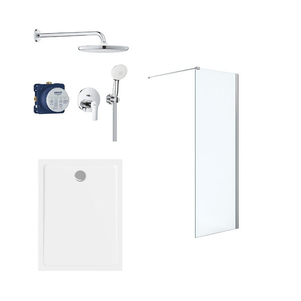 GROHE - Pack Douche Complet – Paroi Walk-In 120x200 Chrome + Colonne Grohe Eurosmart 2 Jets + Receveur Marbre Coulé Blanc 120x90 - large
