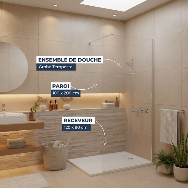 GROHE - Pack Douche Complet – Paroi Walk-In 100x200 Chrome + Colonne Grohe Tempesta 3 Jets + Receveur Marbre Coulé Blanc 120x90 - large