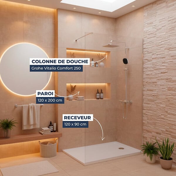 GROHE - Pack Douche Complet – Paroi Walk-In 120x200 Chrome + Colonne Grohe Vitalio 2 Jets + Receveur Marbre Coulé Blanc 120x90 - large