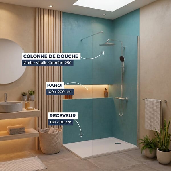 GROHE - Pack Douche Complet – Paroi Walk-In 100x200 Chrome + Colonne Grohe Vitalio 2 Jets + Receveur Marbre Coulé Blanc 120x80 - large