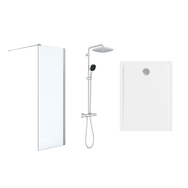 GROHE - Pack Douche Complet – Paroi Walk-In 100x200 Chrome + Colonne Grohe Vitalio 2 Jets + Receveur Marbre Coulé Blanc 120x80 - large