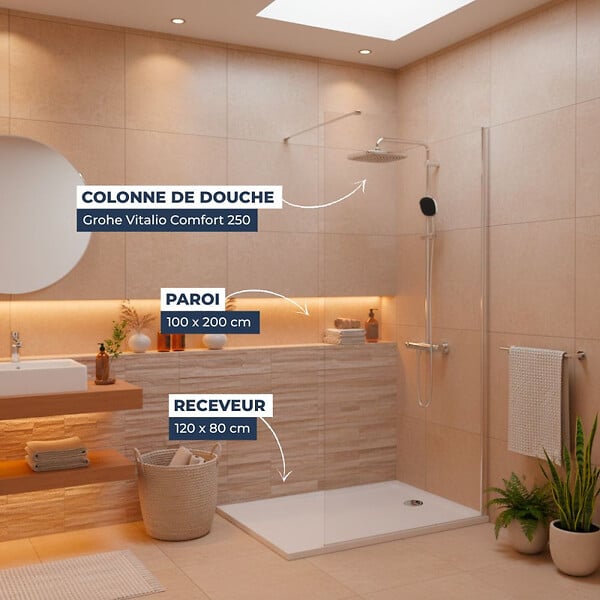 GROHE - Pack Douche Complet – Paroi Walk-In 100x200 Chrome + Colonne Grohe Vitalio 2 Jets + Receveur Marbre Coulé Blanc 120x80 - large
