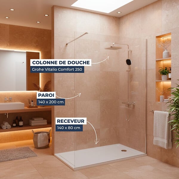 GROHE - Pack Douche Complet – Paroi Walk-In 140x200 Chrome + Colonne Grohe Vitalio 2 Jets + Receveur Marbre Coulé Blanc 140x80 (SAT140C8 - large