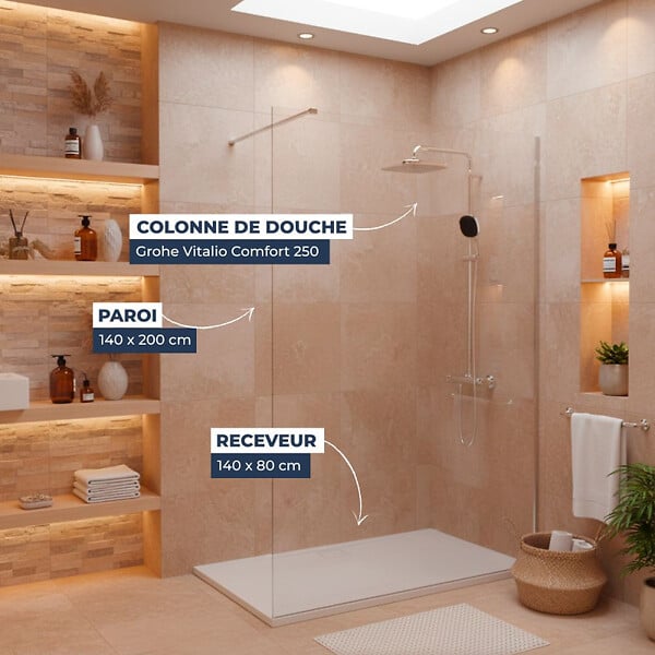 GROHE - Pack Douche Complet – Paroi Walk-In 140x200 Chrome + Colonne Grohe Vitalio 2 Jets + Receveur Marbre Coulé Blanc 140x80 - large