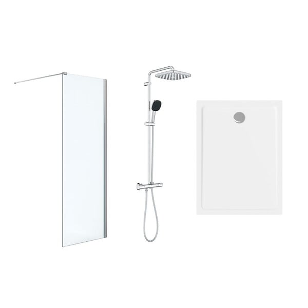GROHE - Pack Douche Complet – Paroi Walk-In 140x200 Chrome + Colonne Grohe Vitalio 2 Jets + Receveur Marbre Coulé Blanc 140x80 - large