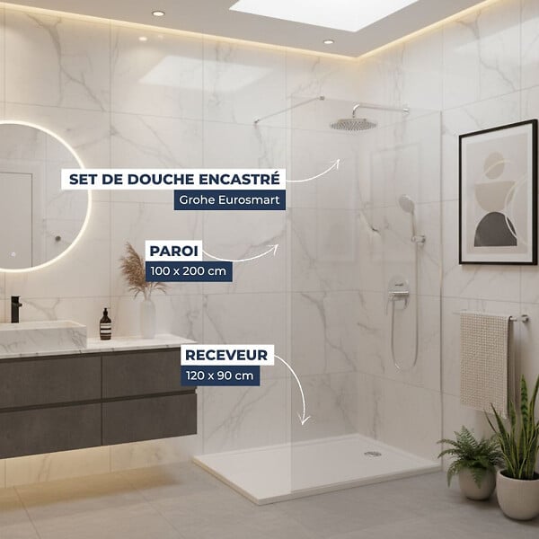 GROHE - Pack Douche Complet – Paroi Walk-In 100x200 Chrome + Colonne Grohe Eurosmart 2 Jets + Receveur Marbre Coulé Blanc 120x90 - large