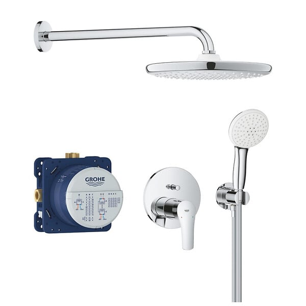 GROHE - Pack Douche Complet – Paroi Walk-In 100x200 Chrome + Colonne Grohe Eurosmart 2 Jets + Receveur Marbre Coulé Blanc 120x90 - large