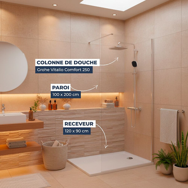 GROHE - Pack Douche Complet – Paroi Walk-In 100x200 Chrome + Colonne Grohe Vitalio 2 Jets + Receveur Marbre Coulé Blanc 120x90 - large