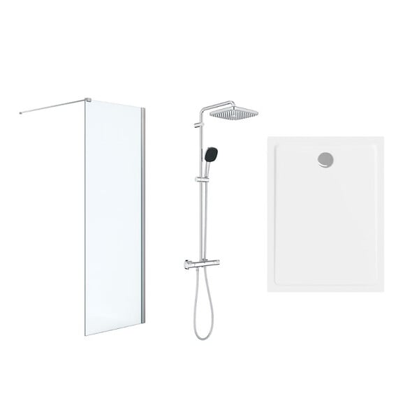 GROHE - Pack Douche Complet – Paroi Walk-In 100x200 Chrome + Colonne Grohe Vitalio 2 Jets + Receveur Marbre Coulé Blanc 120x90 - large