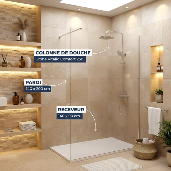 SWISS AQUA TECHNOLOGIES - Pack Douche Complet – Paroi Walk-In 140x200 Chrome + Colonne SAT 3 Jets + Receveur Marbre Coulé Blanc 140x80 (SAT100C7VI148W) - large