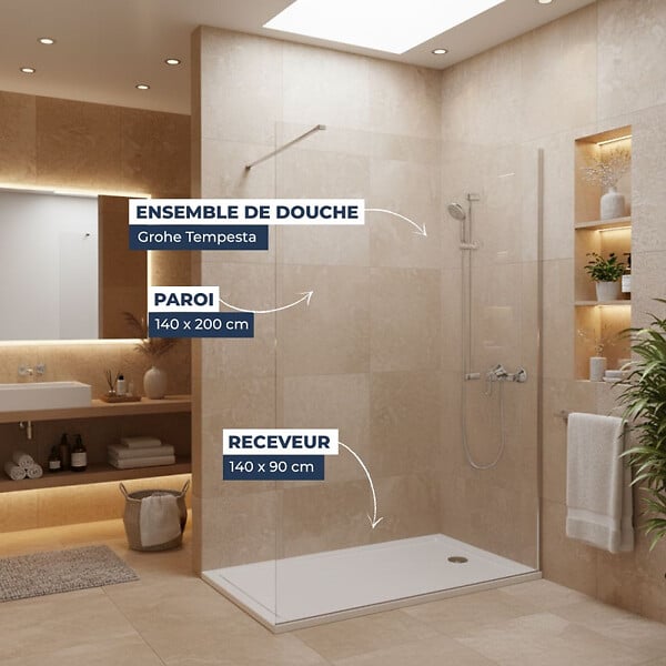 GROHE - Pack Douche Complet – Paroi Walk-In 140x200 Chrome + Colonne Grohe Tempesta 3 Jets + Receveur Marbre Coulé Blanc 140x90 - large