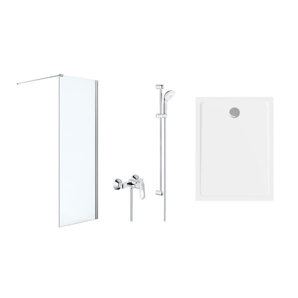 GROHE - Pack Douche Complet – Paroi Walk-In 140x200 Chrome + Colonne Grohe Tempesta 3 Jets + Receveur Marbre Coulé Blanc 140x80 - large