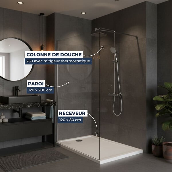 SWISS AQUA TECHNOLOGIES - Pack Douche Complet – Paroi Walk-In 120x200 Chrome + Colonne SAT 3 Jets + Receveur Marbre Coulé Blanc 120x80 (SAT120C7PR128W) - large