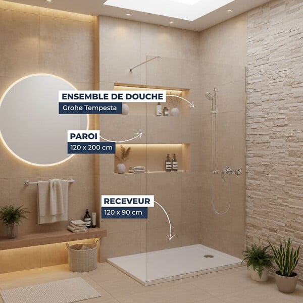 GROHE - Pack Douche Complet – Paroi Walk-In 120x200 Chrome + Colonne Grohe Tempesta 3 Jets + Receveur Marbre Coulé Blanc 120x90 - large
