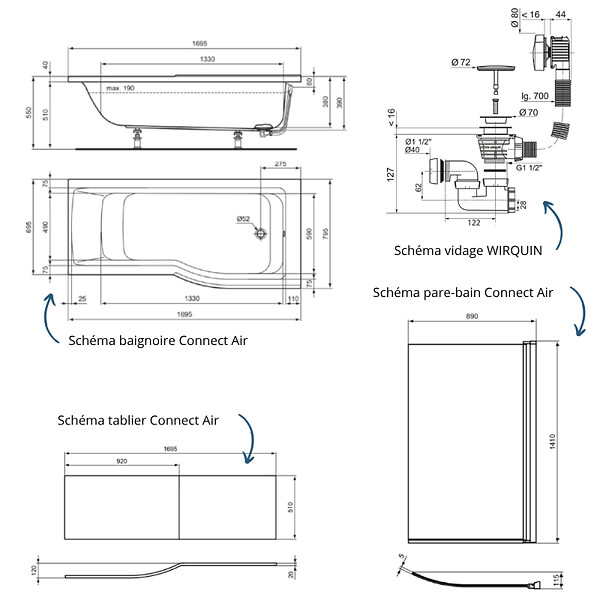 IDEAL STANDARD - Pack baignoire bain douche 170 x 80 cm droite Connect Air + tablier + pare bain fixe  + pieds + vidage Doré - large