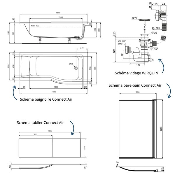 IDEAL STANDARD - Pack baignoire bain douche 170 x 80 cm droite Connect Air + tablier + pare bain fixe + vidage Doré - large