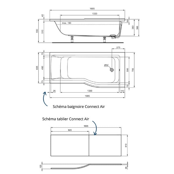 IDEAL STANDARD - Baignoire bain douche 170 x 80 cm droite Connect Air + tablier + pieds - large