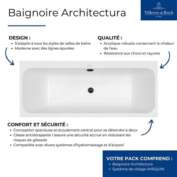 VILLEROY ET BOCH - Baignoire droite 180 x 80 Architectura + Vidage de baignoire noir - large