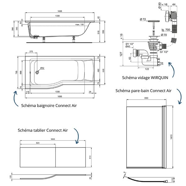 IDEAL STANDARD - Pack baignoire bain douche 170 x 80 cm gauche Connect Air + tablier + pare bain fixe + vidage Doré - large