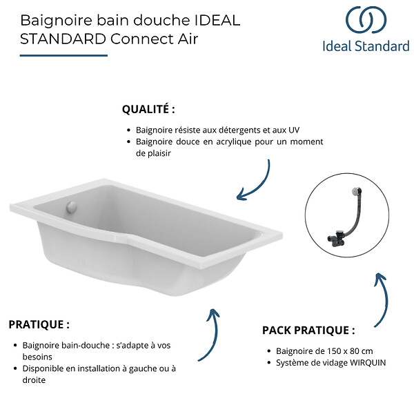 IDEAL STANDARD - Baignoire bain douche 150 x 80 cm gauche Connect Air + vidage Blanc - large