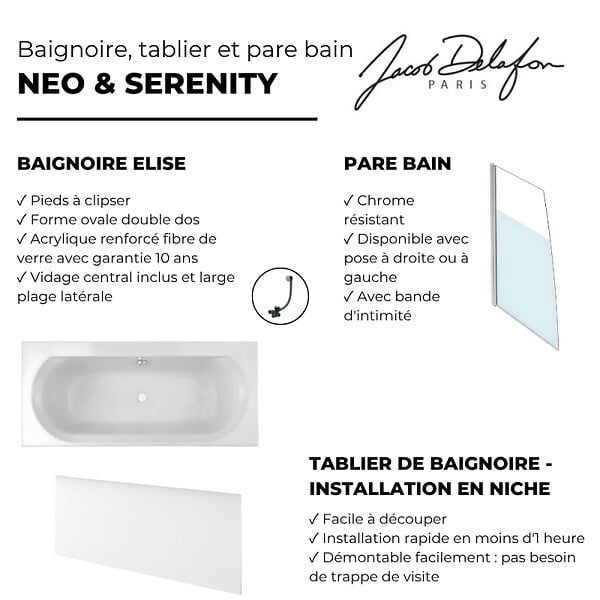 JACOB DELAFON - Baignoire droite 180 X 80 Elise acrylique + pare bain volet gauche + tablier en niche + vidage - large