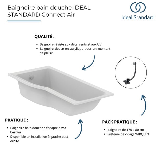IDEAL STANDARD - Baignoire bain douche 170 x 80 cm gauche Connect Air + vidage Blanc - large