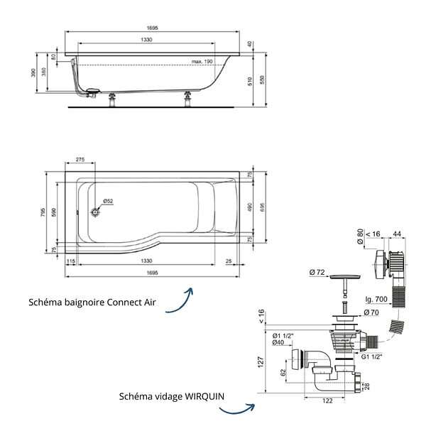 IDEAL STANDARD - Baignoire bain douche 170 x 80 cm gauche Connect Air + vidage Blanc - large