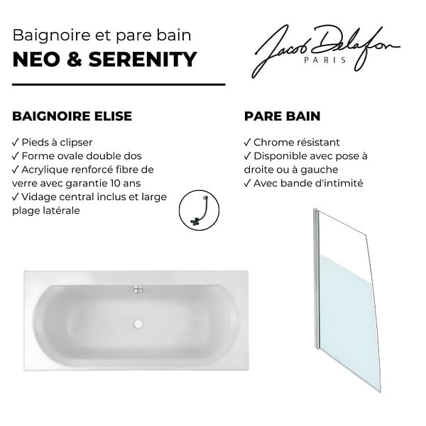 JACOB DELAFON - Baignoire droite 170 X 75 Elise acrylique + pare bain volet gauche + vidage - large