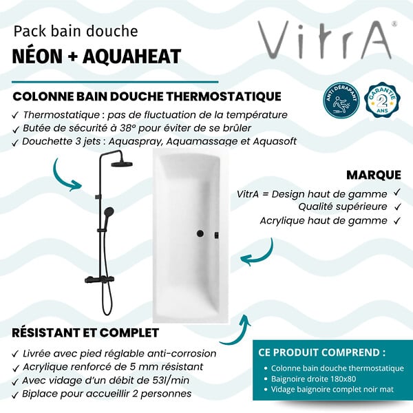 VITRA - Baignoire droite 180x80cm avec pieds Neon blanc + Vidage noir  + Colonne bain thermostatique douche noir mat - large