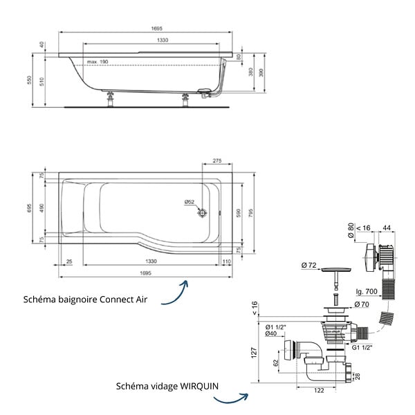 IDEAL STANDARD - Baignoire bain douche 170 x 80 cm droite Connect Air + vidage Chromé - large