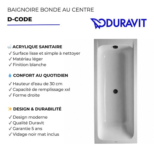 DURAVIT - Baignoire droite 170 X 75 D-Code acrylique bonde au centre + vidage noir mat - large