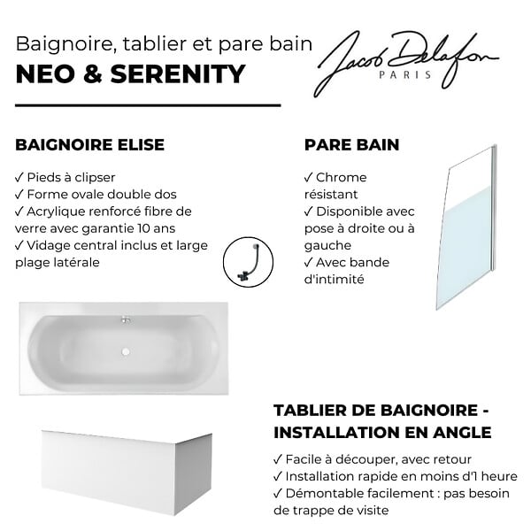 JACOB DELAFON - Baignoire droite 180 X 80 Elise acrylique + pare bain volet droite + tablier en angle + vidage - large