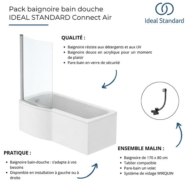 IDEAL STANDARD - Pack baignoire bain douche 170 x 80 cm gauche Connect Air + tablier + pare bain fixe + vidage Chromé - large