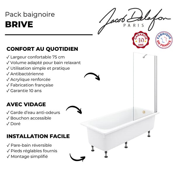 JACOB DELAFON - Pack baignoire droite 170 X 75 Brive + pare bain avec vidage doré - large