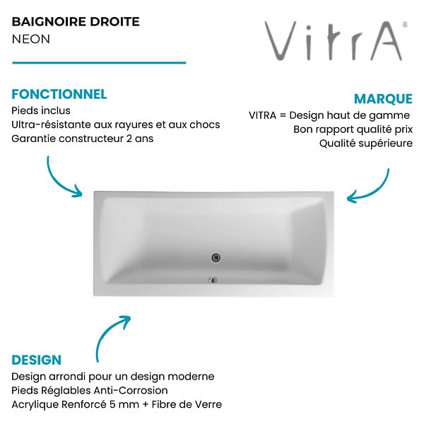 VITRA - Baignoire droite rectangulaire 180x80cm avec pieds Neon blanc + Vidage volet et clapet Inox/Chrome - large