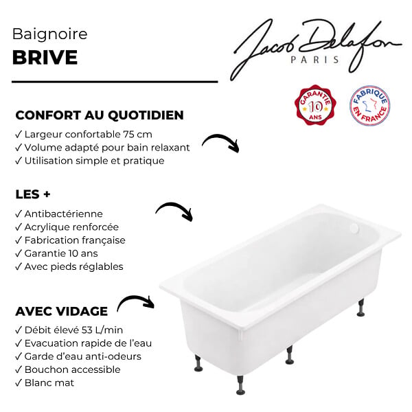JACOB DELAFON - Baignoire droite 170 X 75 Brive avec vidage blanc - large