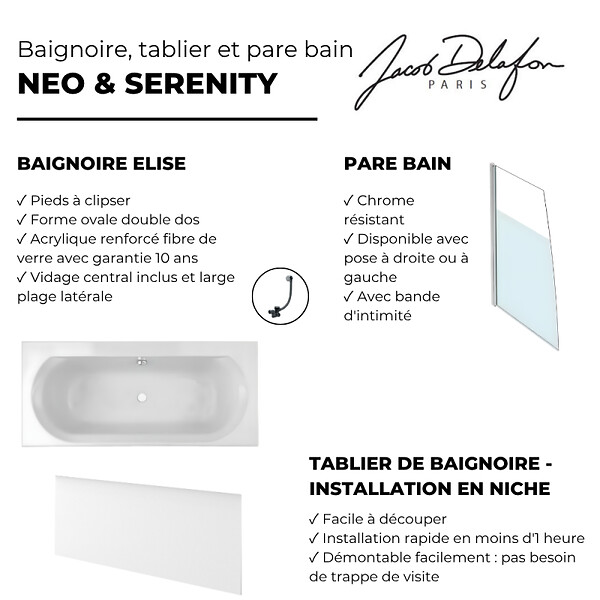 JACOB DELAFON - Baignoire droite 170 X 75 Elise acrylique + pare bain volet gauche + tablier en niche + vidage - large