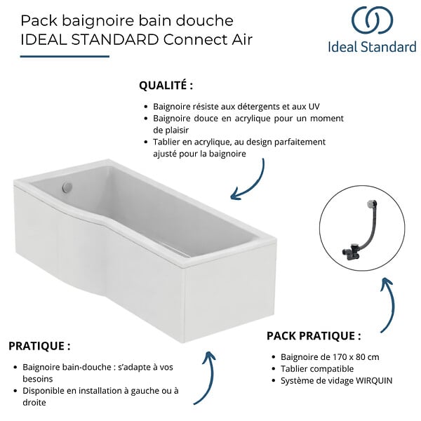 IDEAL STANDARD - Baignoire bain douche 170 x 80 cm droite Connect Air + tablier + vidage Chromé - large
