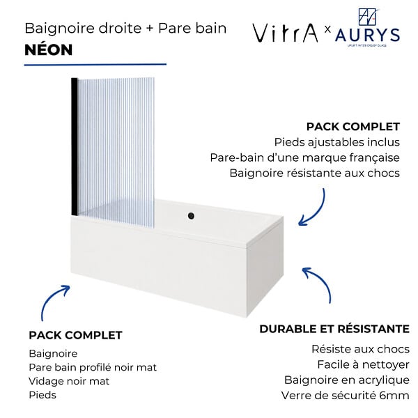 VITRA - Baignoire rectangulaire VitrA Neon 180x80cm + Pare bain droit AURYS Raywall noir mat profilé droite + vidage noir mat - large