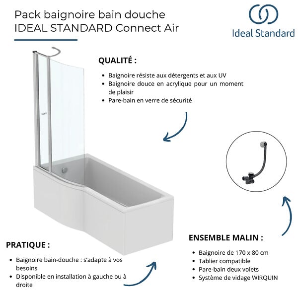 IDEAL STANDARD - Pack baignoire bain douche 170 x 80 cm gauche Connect Air + tablier + pare bain avec volet + vidage Noir mat - large