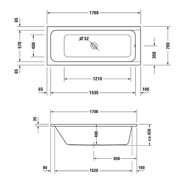 DURAVIT - Baignoire droite 170 X 70 D-Code acrylique bonde au centre + vidage chromé - large