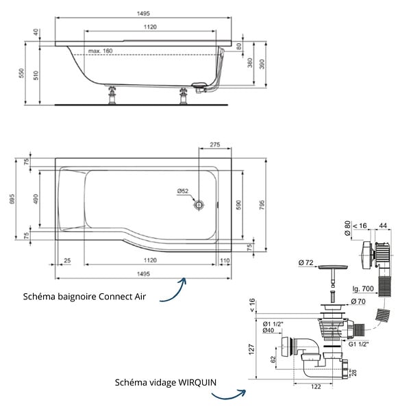 IDEAL STANDARD - Baignoire bain douche 150 x 80 cm droite Connect Air + vidage Blanc - large
