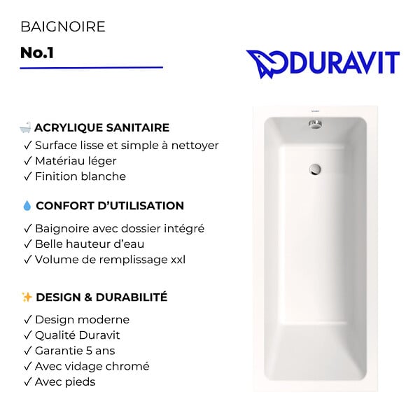 DURAVIT - Baignoire droite 180 X 80 Duravit No.1 + vidage chromé - large