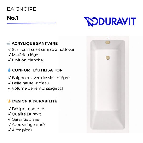 DURAVIT - Baignoire droite 150 X 70 Duravit No.1 + vidage doré - large