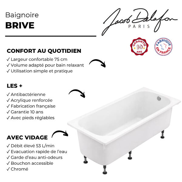 JACOB DELAFON - Baignoire droite 170 X 75 Brive avec vidage chromé - large