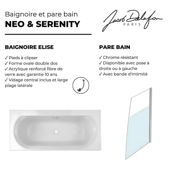 JACOB DELAFON - Baignoire droite 170 X 75 Elise acrylique + pare bain volet droite + vidage - large