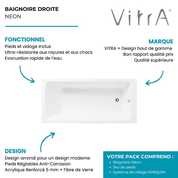 VITRA - Baignoire droite rectangulaire 170x75cm avec pieds Neon blanc + Vidage volet et clapet Inox/Chrome - large