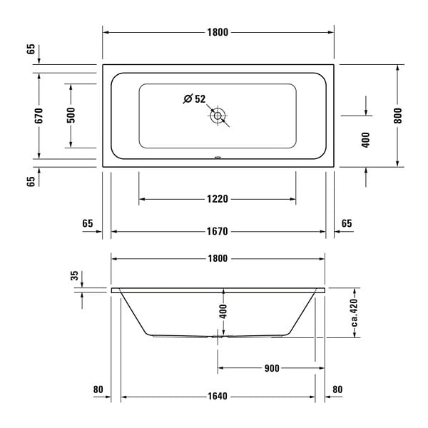 DURAVIT - Baignoire droite 180 X 80 D-Code acrylique bonde au centre + vidage doré - large