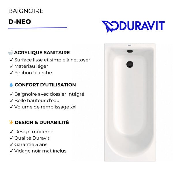 DURAVIT - Baignoire droite 160 X 70 D-Neo + vidage noir mat - large
